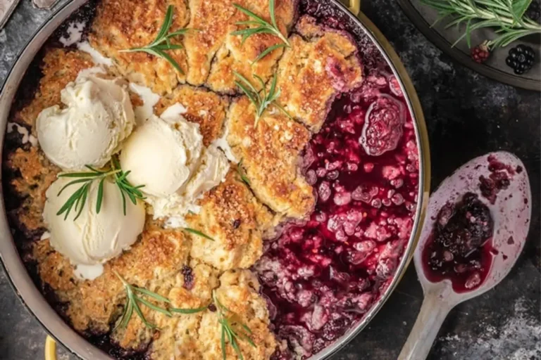 Berry cobbler with scoops of vanilla ice cream in a Dutch oven