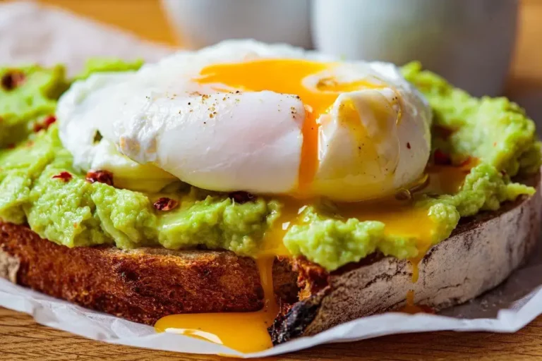 Poached egg with creamy avocado on toast, seasoned with chili flakes, showcasing a golden runny yolk.