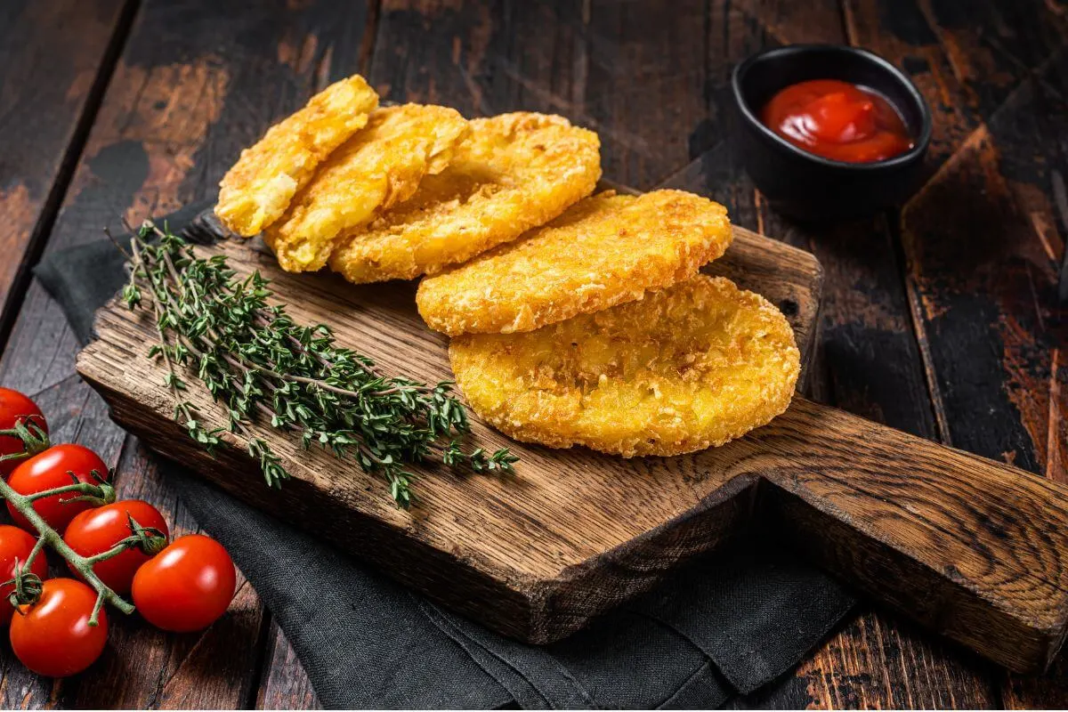 Crispy air-fried frozen hash brown patties on a wooden serving board with thyme.