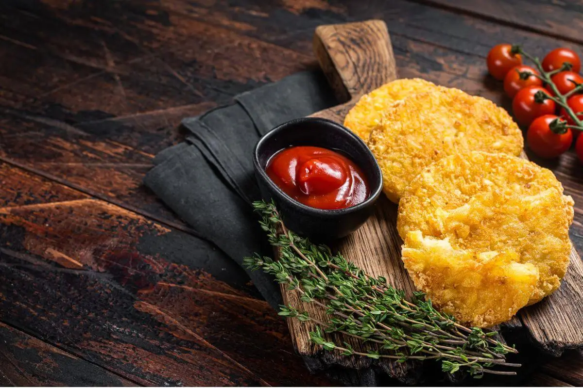 Air-fried frozen hash brown patties on a cutting board with ketchup and herbs.