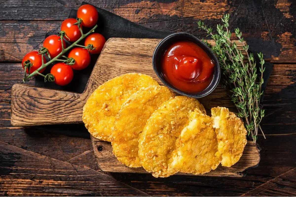 Air-fried golden hash brown patties served with ketchup and fresh thyme on a rustic wooden board.