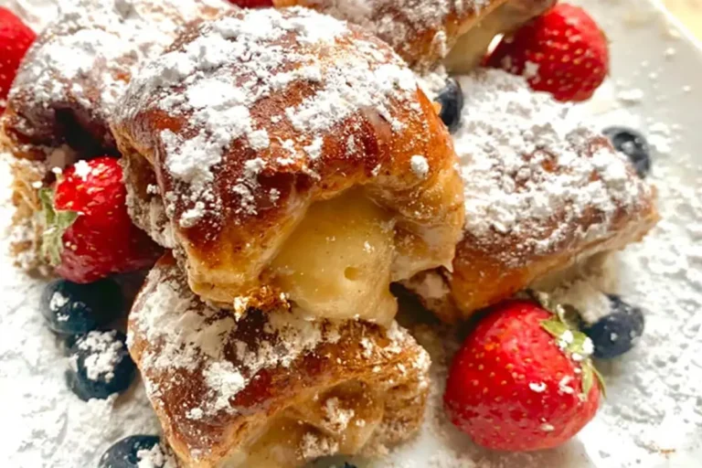 Hawaiian roll French toast sprinkled with powdered sugar and fresh berries