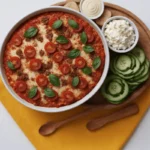 Baked pizza bowl with cottage cheese and cherry tomatoes.