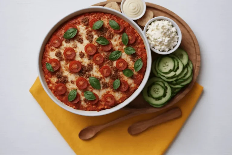 Baked pizza bowl with cottage cheese and cherry tomatoes.