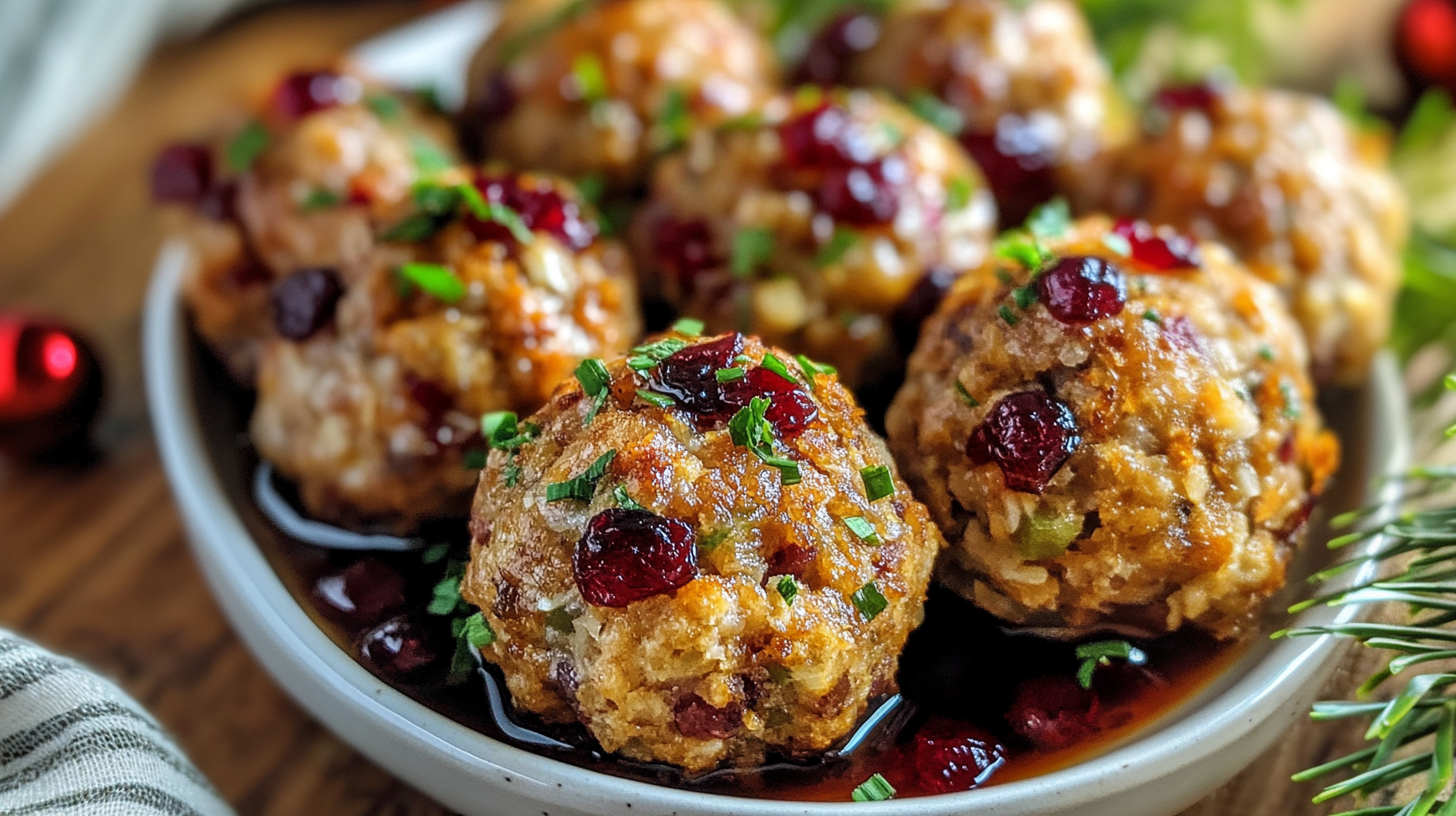 Close-up of cranberry and turkey stuffing balls, garnished with fresh herbs and cranberries, served on a white plate.