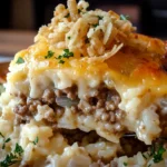 A close-up of a slice of French Onion Ground Beef and Rice Casserole served with crispy fried onions, melted cheese, and fresh parsley, lifted by a serving spoon.