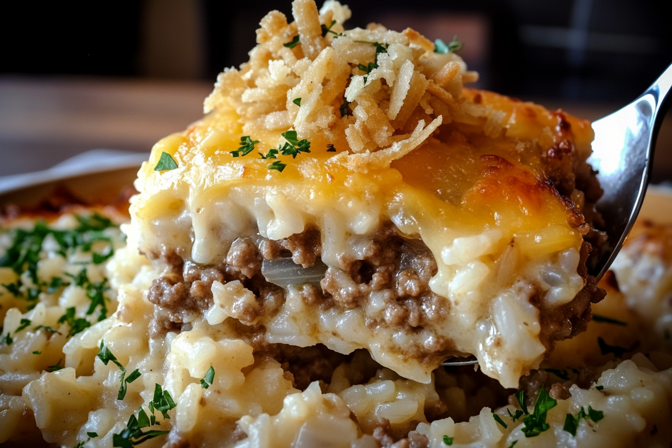 A close-up of a slice of French Onion Ground Beef and Rice Casserole served with crispy fried onions, melted cheese, and fresh parsley, lifted by a serving spoon.