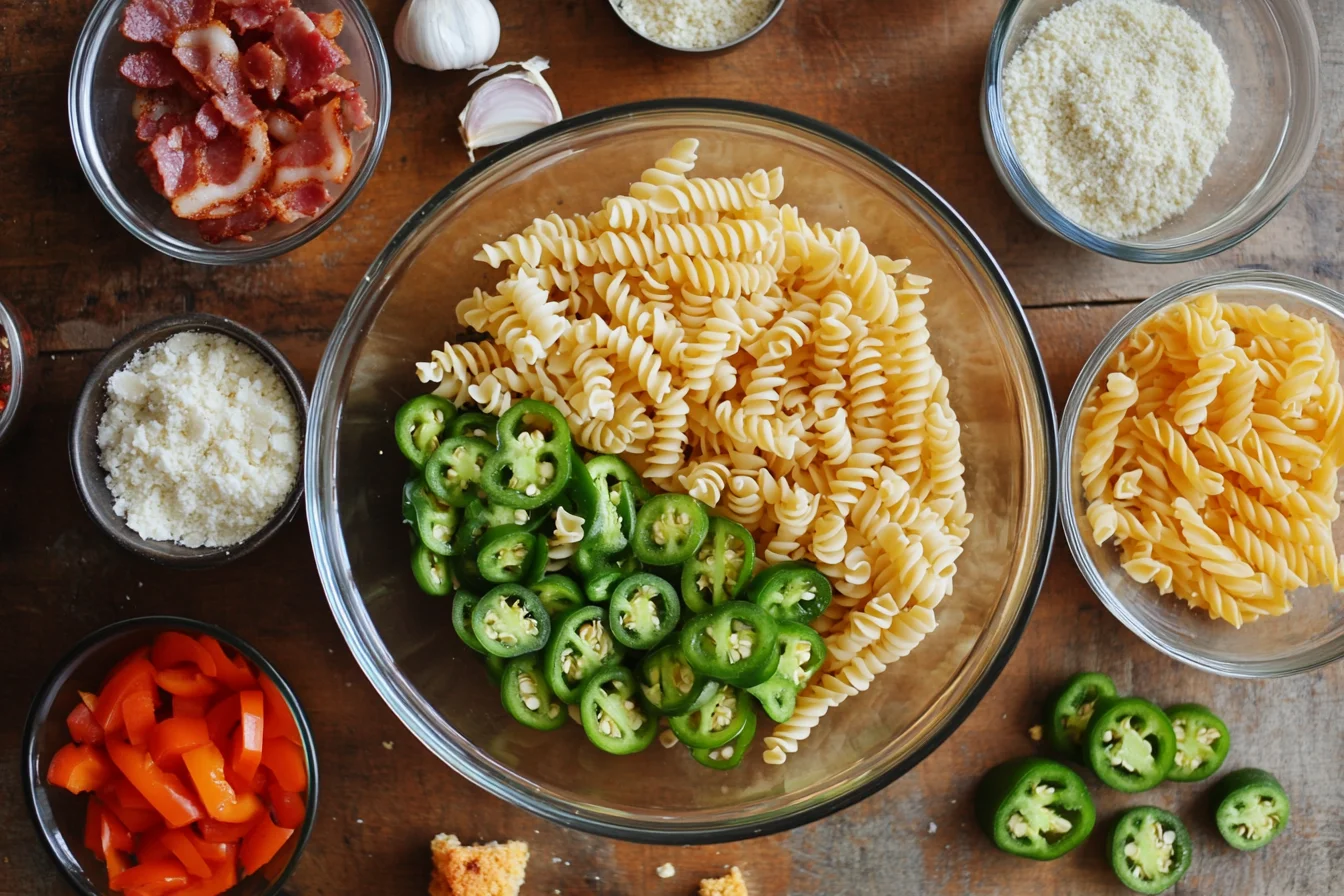 Top-down view of fresh pasta, sliced jalapeños, bacon, grated cheese, garlic, and chopped red bell peppers arranged in bowls on a wooden surface.