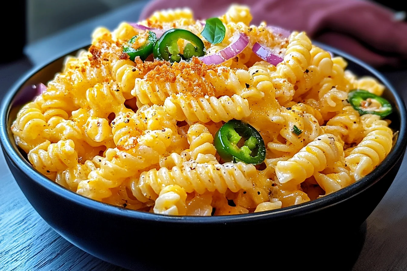 A bowl of creamy macaroni and cheese garnished with jalapeño slices, red onion, fresh parsley, and a light sprinkle of breadcrumbs.