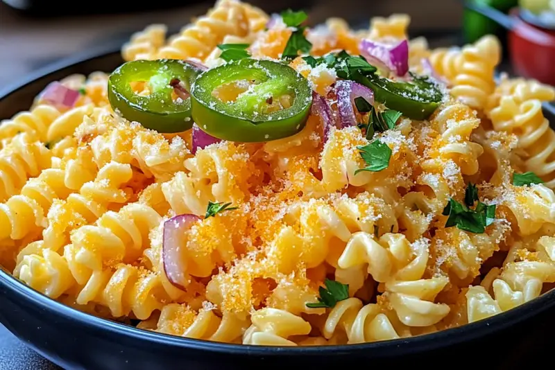 A close-up of creamy macaroni and cheese garnished with fresh jalapeño slices, red onion, parsley, and a sprinkle of parmesan.