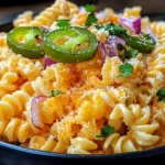 A close-up of creamy macaroni and cheese garnished with fresh jalapeño slices, red onion, parsley, and a sprinkle of parmesan.