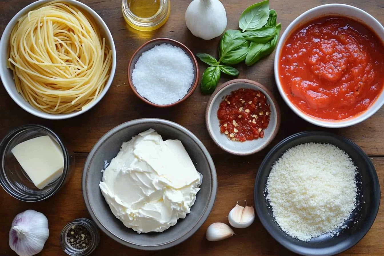 Cheesy Garlic Parmesan Spaghetti With Cream Cheese And Tomato Sauce Ingredients