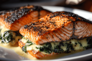 blackened salmon stuffed with spinach and parmesan