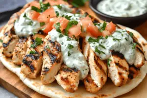 Greek chicken gyros salad preparation