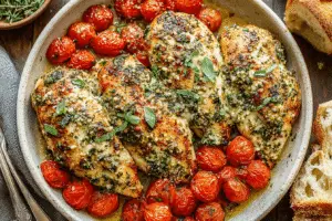 Pesto Chicken with Roasted Tomatoes