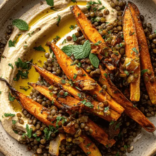 Roasted Carrots And Lentil Salad With Hummus Recipe