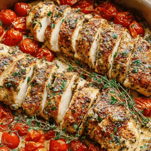 Creamy Pesto Chicken with Roasted Tomatoes Recipe