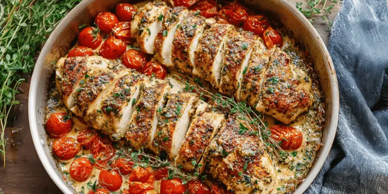 Creamy Pesto Chicken with Roasted Tomatoes Recipe