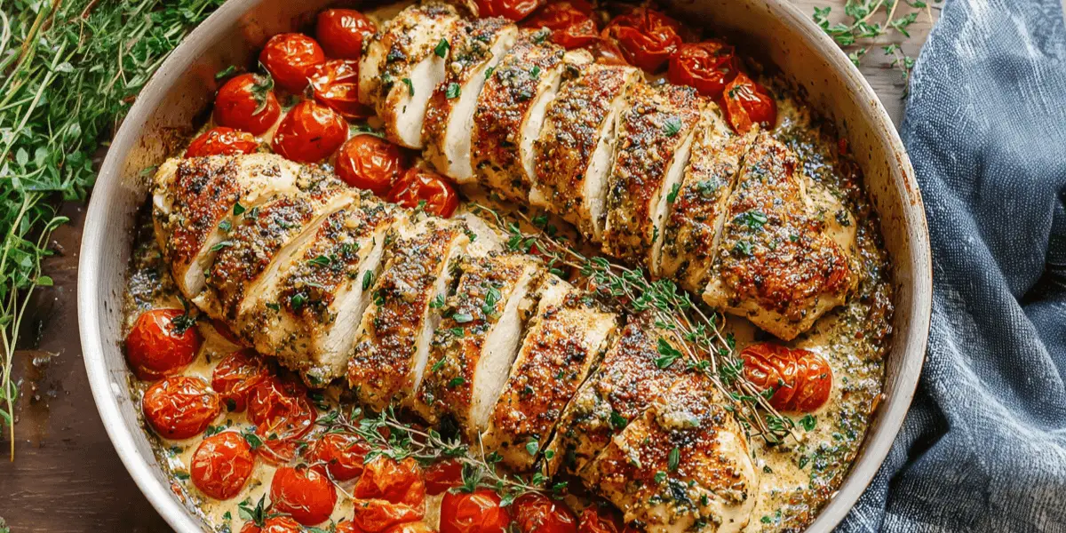 Creamy Pesto Chicken with Roasted Tomatoes Recipe