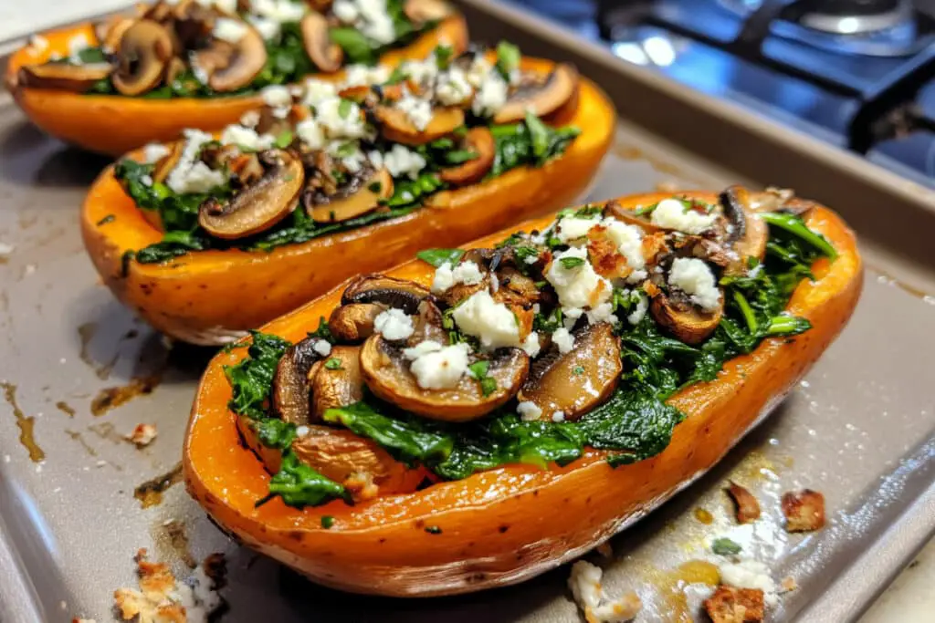 Stuffed Sweet Potatoes With Spinach, Mushroom, And Feta Recipe Stuffed Sweet Potatoes With Spinach, Mushroom, And Feta Recipe