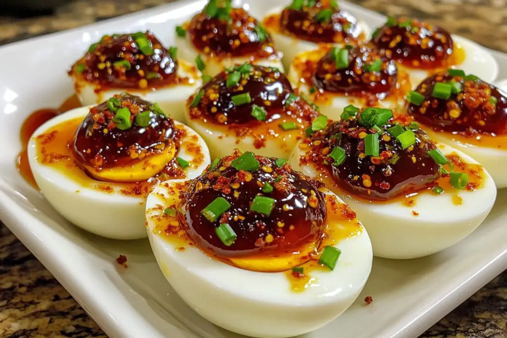 Sweet & Spicy Pepper-Jelly Deviled Eggs Recipe Sweet & Spicy Pepper-Jelly Deviled Eggs Recipe