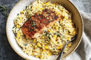 Creamed Corn Orzo With Salmon