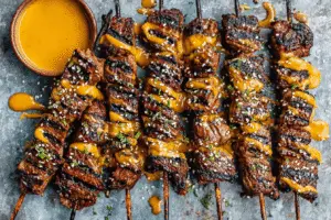 Sesame Ginger Steak Skewers With Peanut Sauce