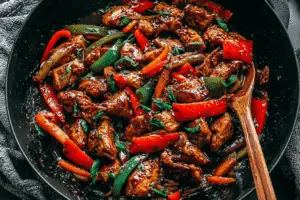 serving black pepper chicken with rice and vegetables