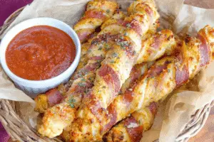 Bacon-Wrapped Cheesy Garlic Breadsticks