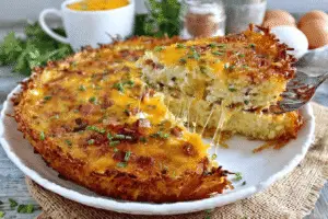 Cheesy Bacon Quiche with Hash Brown Crust