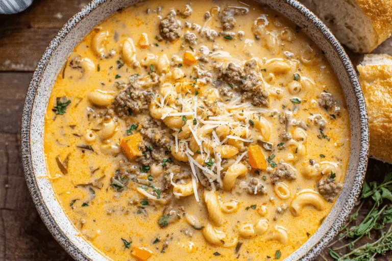 Cheesy Beef Macaroni Soup Recipe
