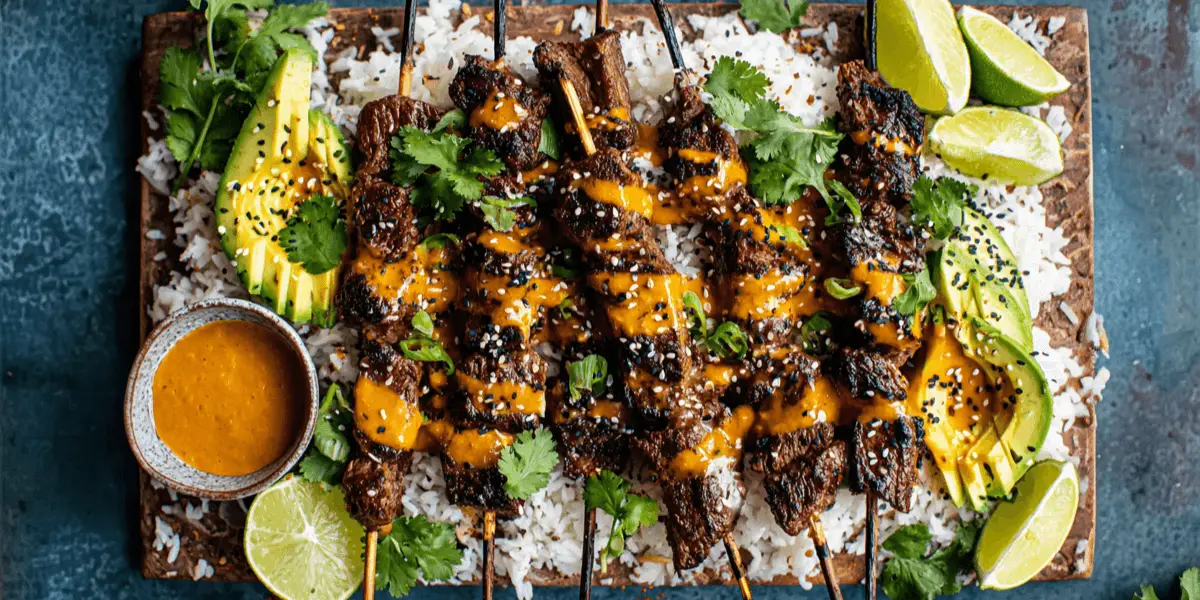 Sesame Ginger Steak Skewers With Peanut Sauce Recipe