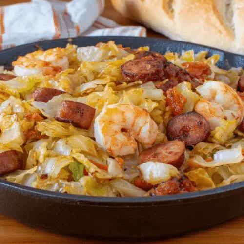 Fried Cabbage With Shrimp, Sausage & Bacon Recipe