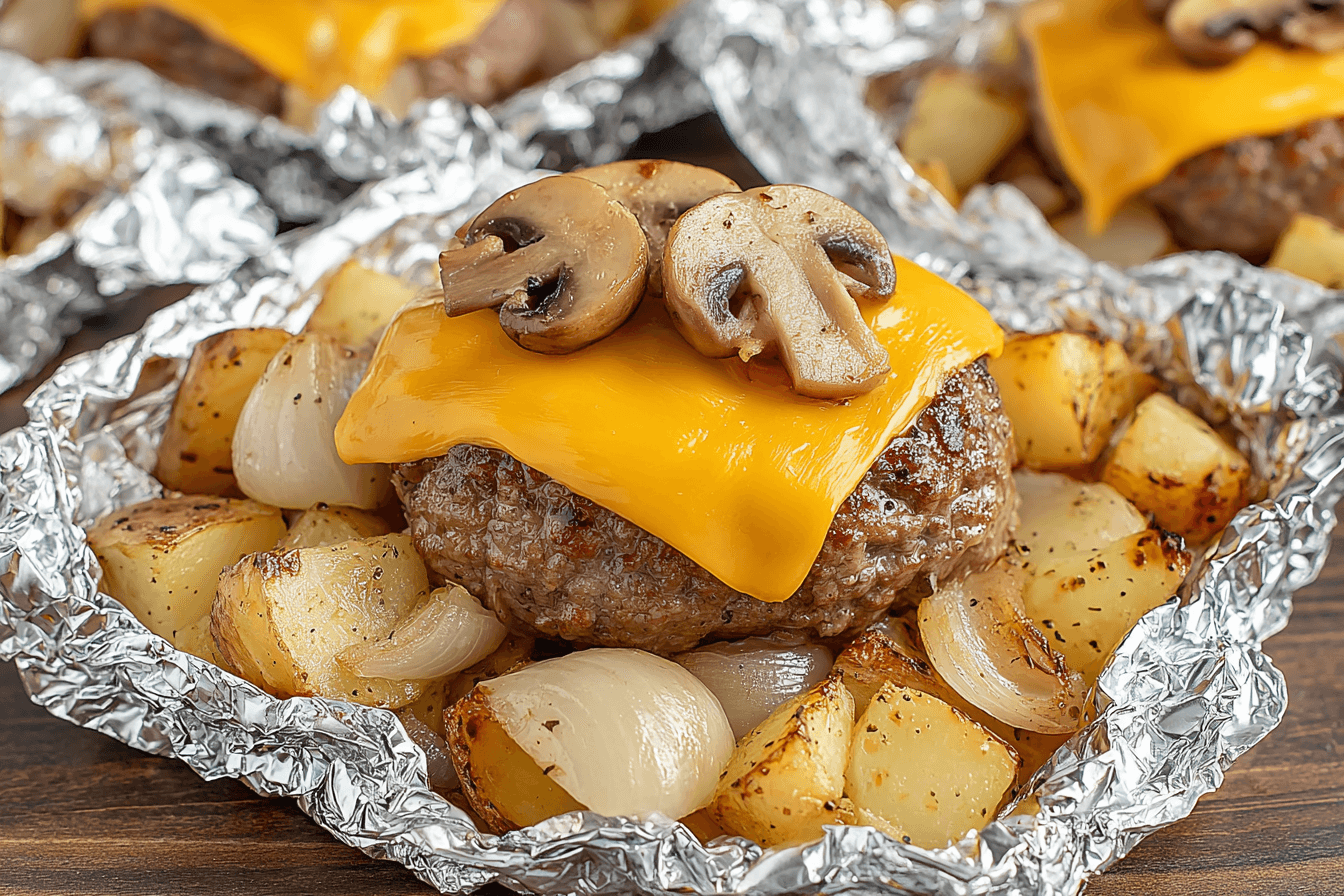 Mushroom And Cheese Burger Foil Packets Recipe