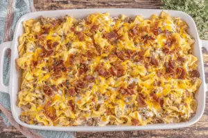 Cheesy Beef and Bacon Noodle Casserole