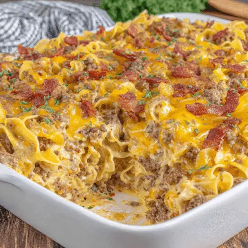 Cheesy Beef and Bacon Noodle Casserole Recipe