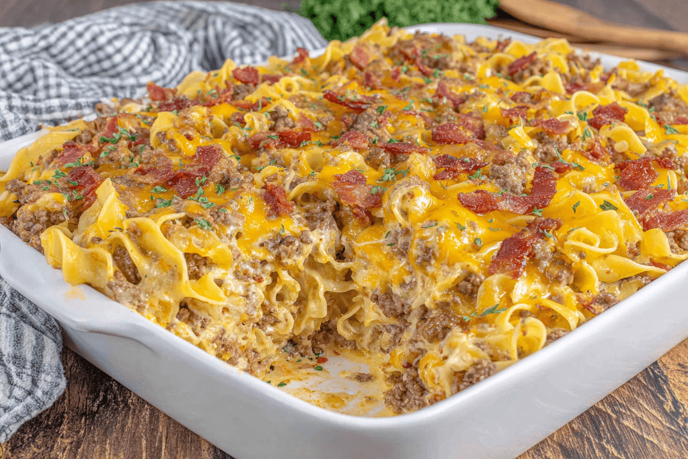 Cheesy Beef and Bacon Noodle Casserole Recipe