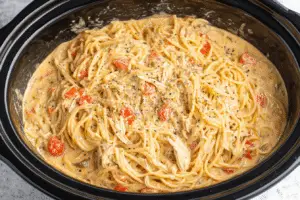Creamy Crockpot Chicken Spaghetti