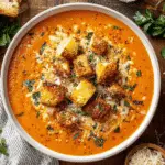 Creamy Tomato Bisque with Grilled Cheese Croutons Recipe