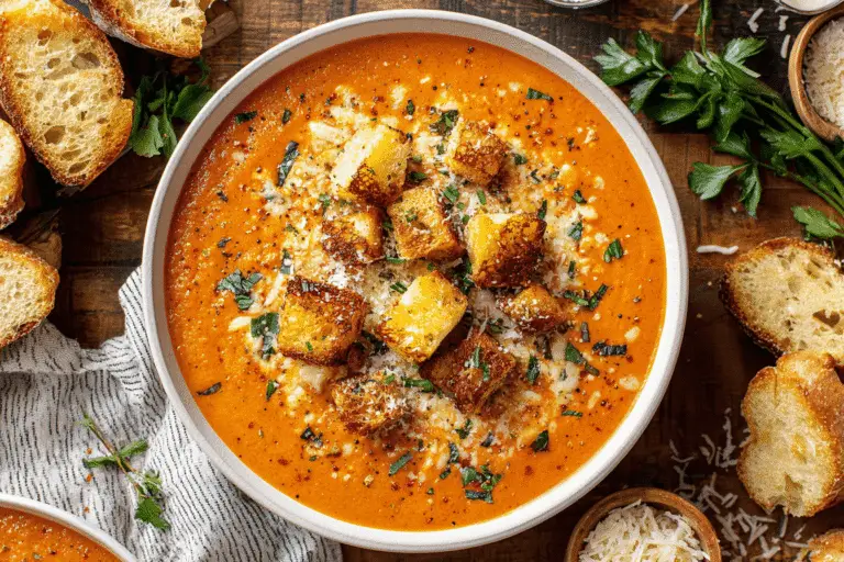 Creamy Tomato Bisque with Grilled Cheese Croutons Recipe