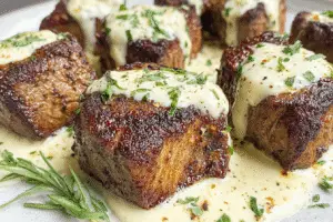 Steak with Parmesan Cream Sauce and Cheesy Mashed Potatoes