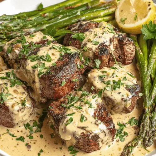 Steak with Parmesan Cream Sauce and Cheesy Mashed Potatoes Recipe