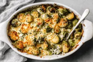 Cheesy Garlic Brussels Sprouts Bake