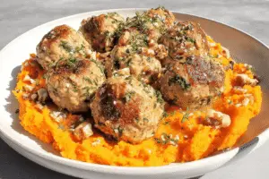 Chicken Apple Meatballs with Mashed Sweet Potatoes