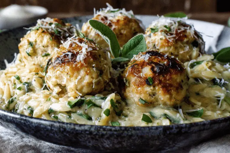 Homemade Sage Chicken Meatballs with Parmesan Orzo Recipe