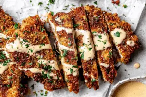 Pretzel Chicken With Mustard-Cheddar Sauce