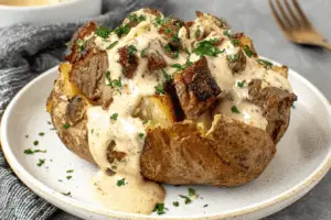Steak-Stuffed Baked Potatoes with Parmesan Cream Sauce