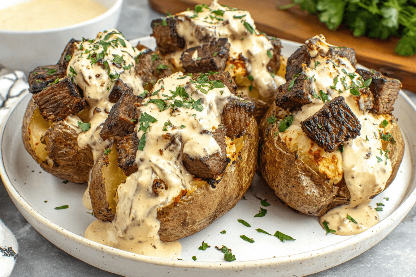 Steak-Stuffed Baked Potatoes with Parmesan Cream Sauce Recipe