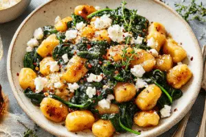 Crispy Gnocchi with Spinach and Feta