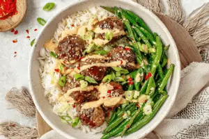 Firecracker Meatballs with Coconut Rice